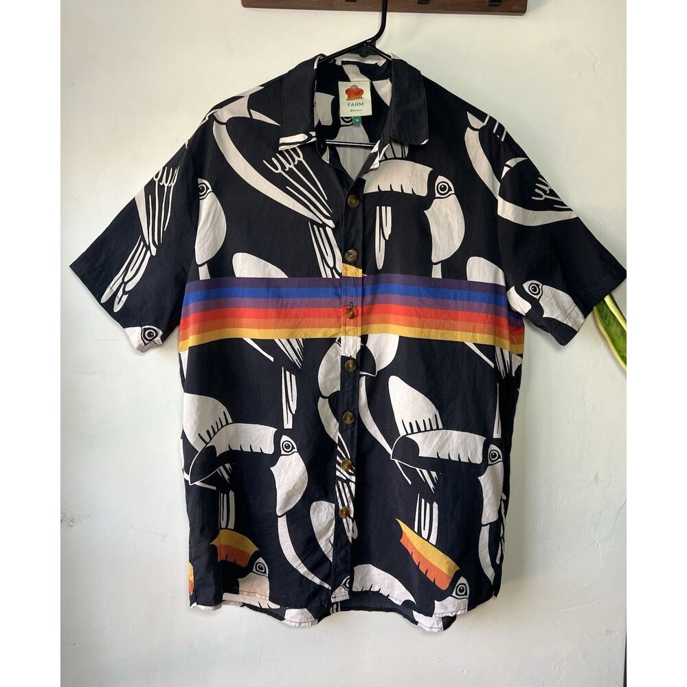 FARM Black Toucan Bird Graphic Collared Cotton Silk Button-Up Shirt Men Medium